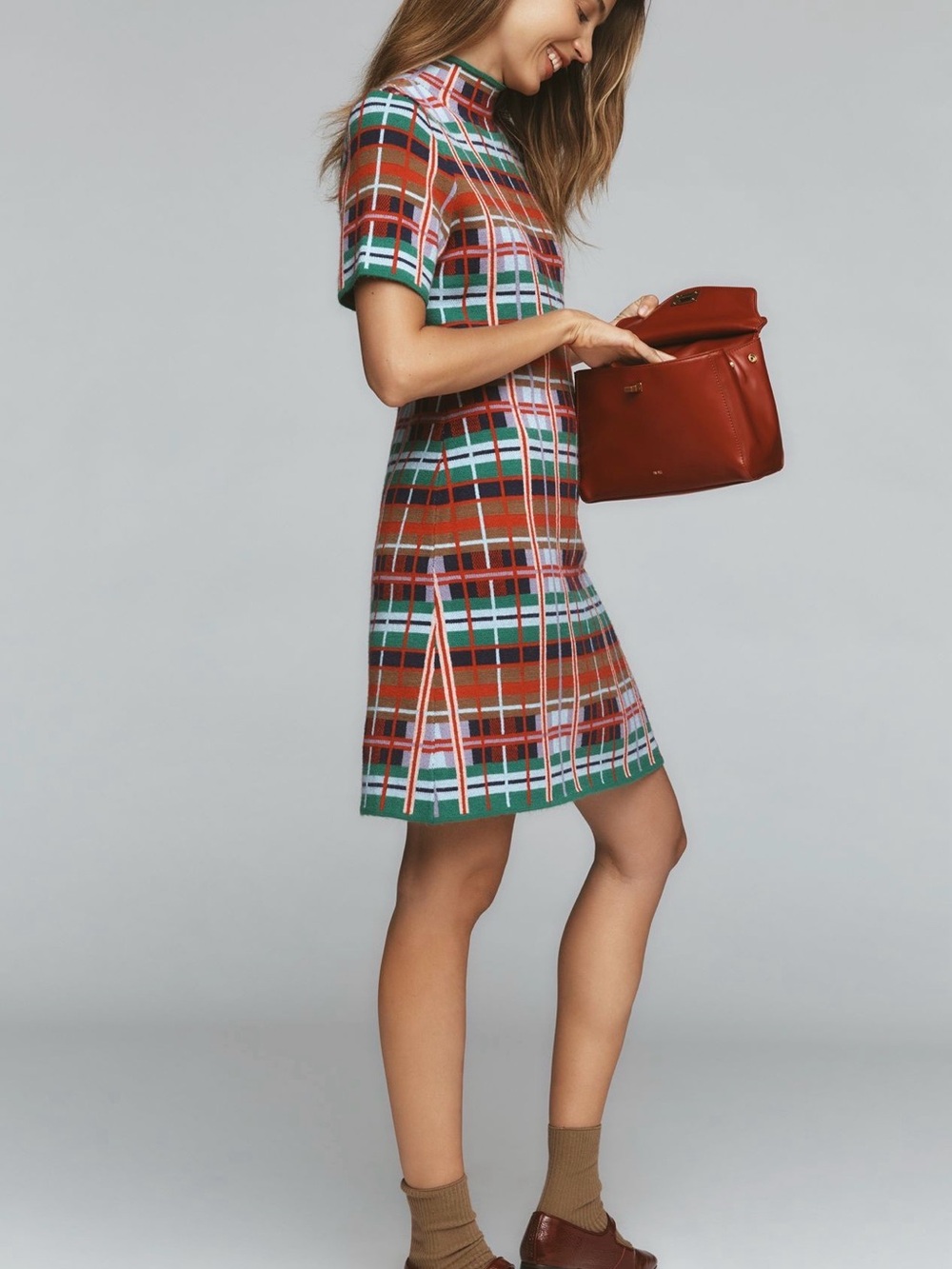 Anthropologie Green Red Plaid Knit Mini Dress - Picture 3 of 8